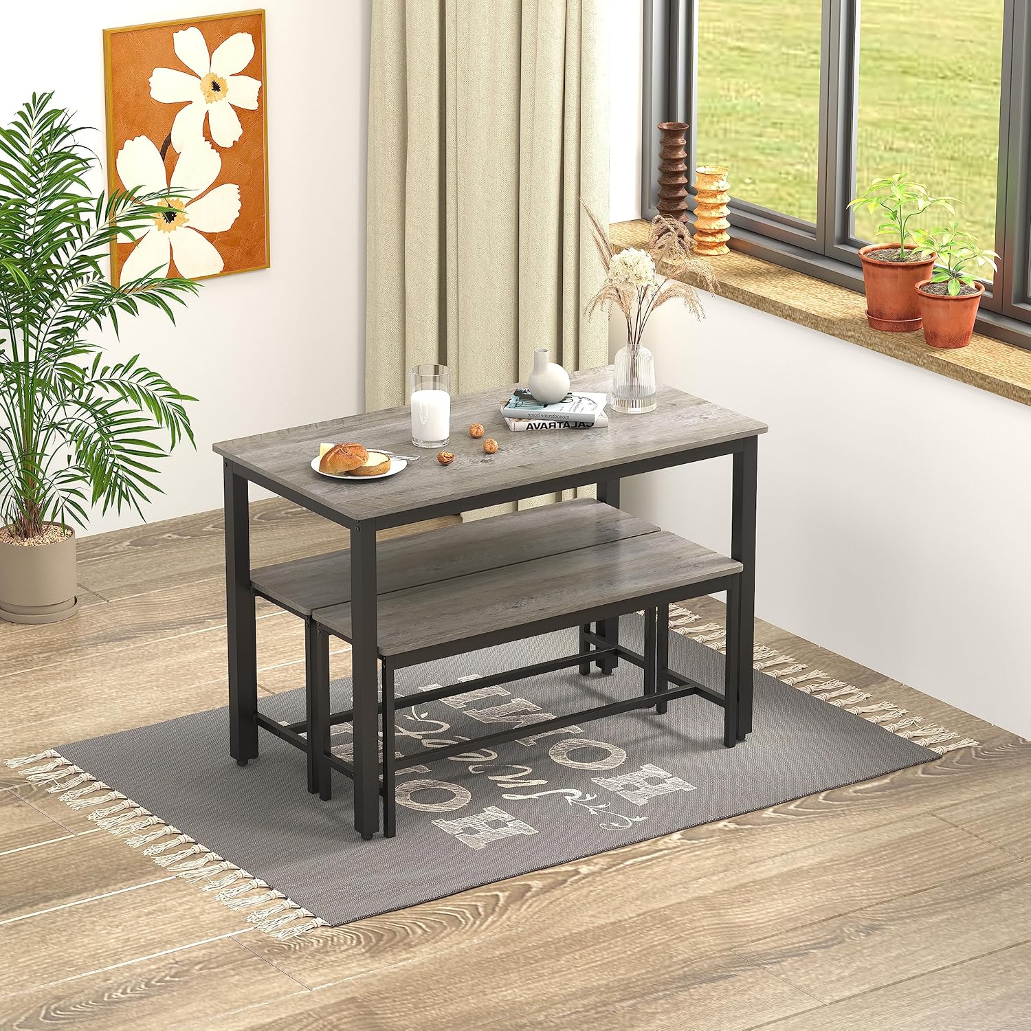 3-Piece Dining Set with Table and 2 Benches, Gray and Black, Space Saving for 4 Z147877