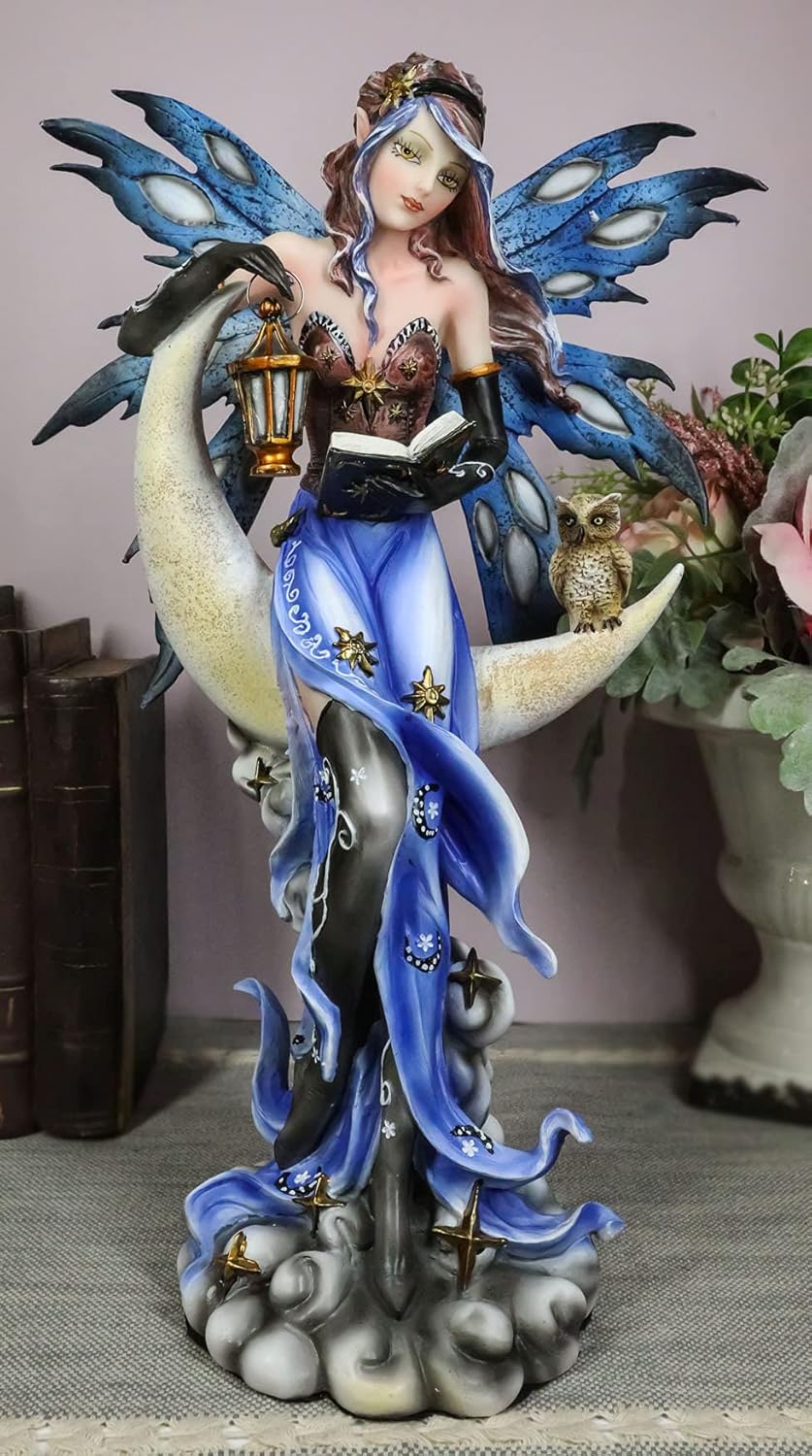 Ebros Celestial Bookworm Fairy Lantern Owl Crescent Moon Statue 14" Collectible Figurine A150