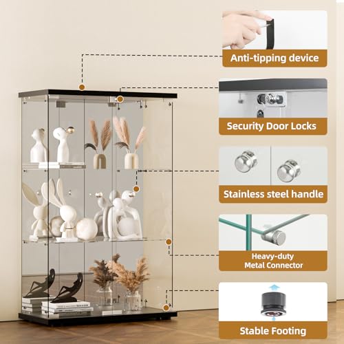 Glass Display Cabinet 4-Shelf 3 Doors with Lock, Black T935070