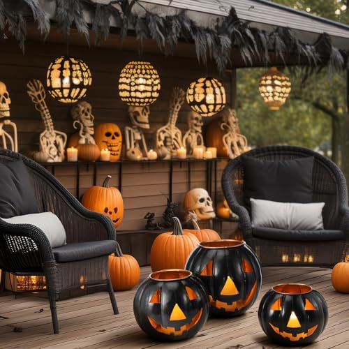 3 Sets Halloween Metal Jack O Lanterns with LED Candles and Black Cloth Decor X7670
