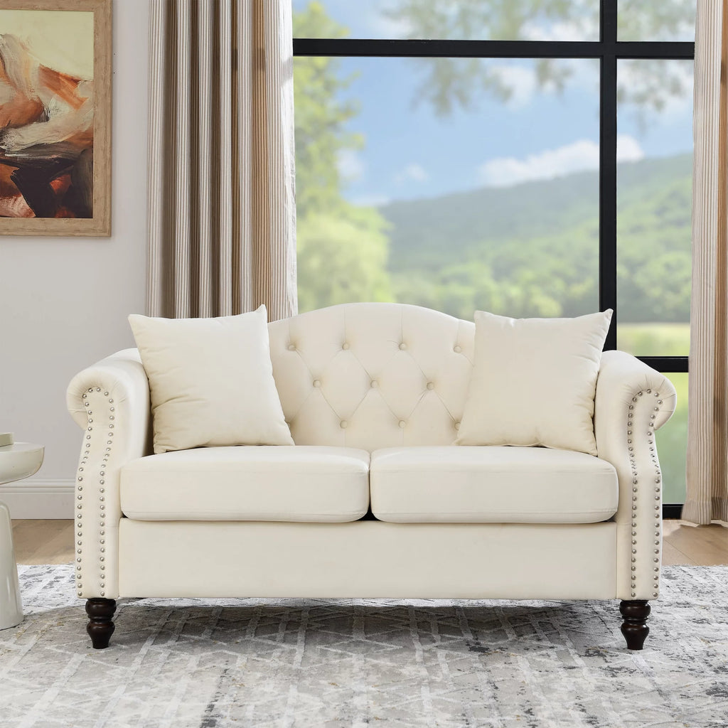 57" Chesterfield Sofa Grey Velvet 2 Seater Tufted Couch with Rolled Arms V45945