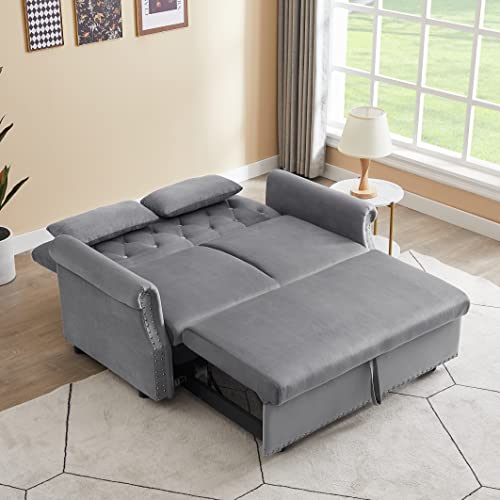 55" Button Tufted Upholstered Futon Loveseat Daybed Convertible Sofa Bed, Gray Velvet J646936