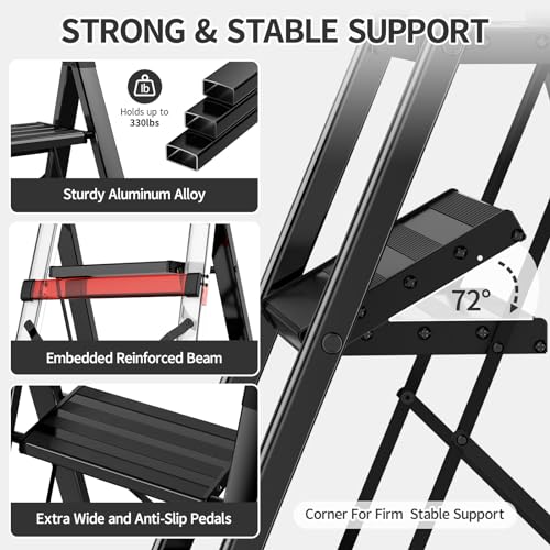 4 Step Folding Step Stool with Handgrip Anti-Slip Aluminum, 330 lbs Capacity Y6004