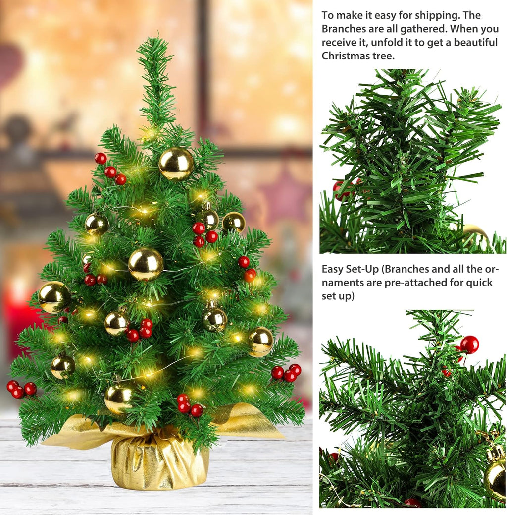 Mini Prelit Christmas Tree 22in with LED Lights and Gold Ornaments I1726