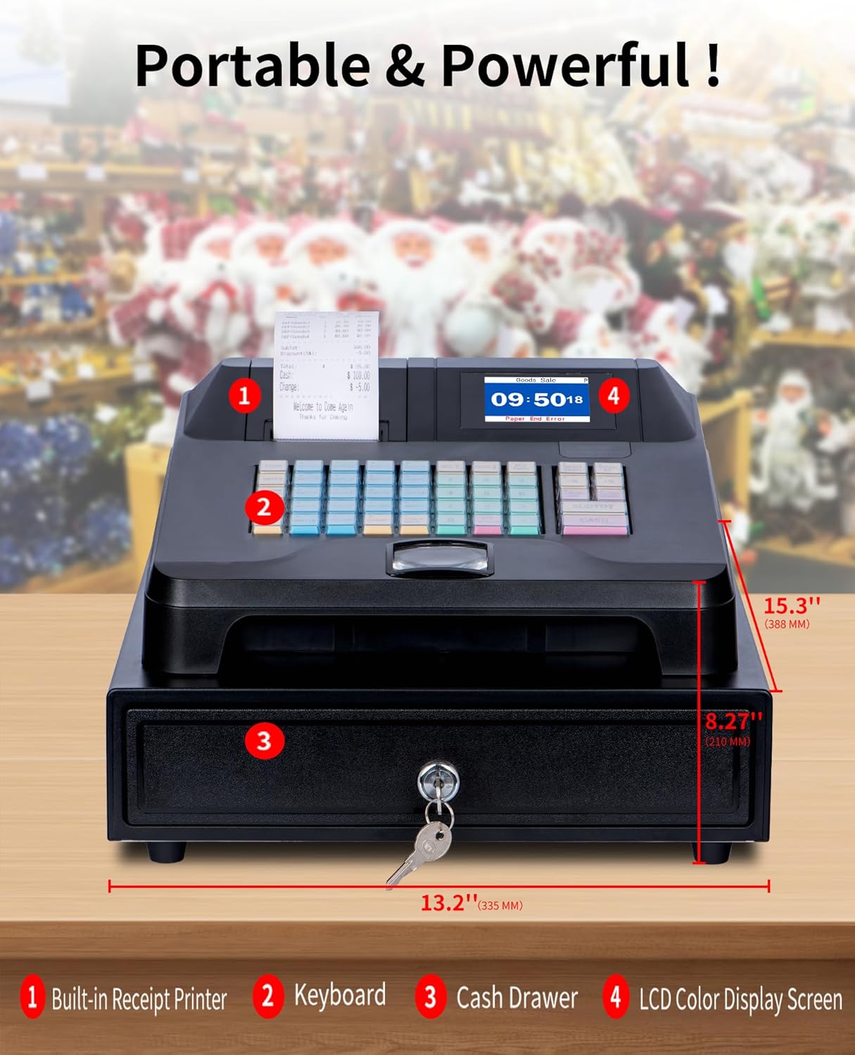 Cash Register with Cash Drawer and Built-In Receipt Printer for Small Business U8126