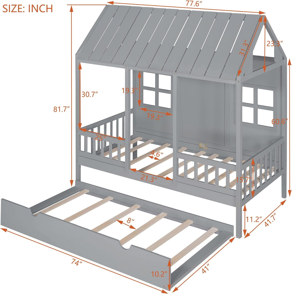 Twin Size House Bed with Trundle and Guardrails, Gray J325