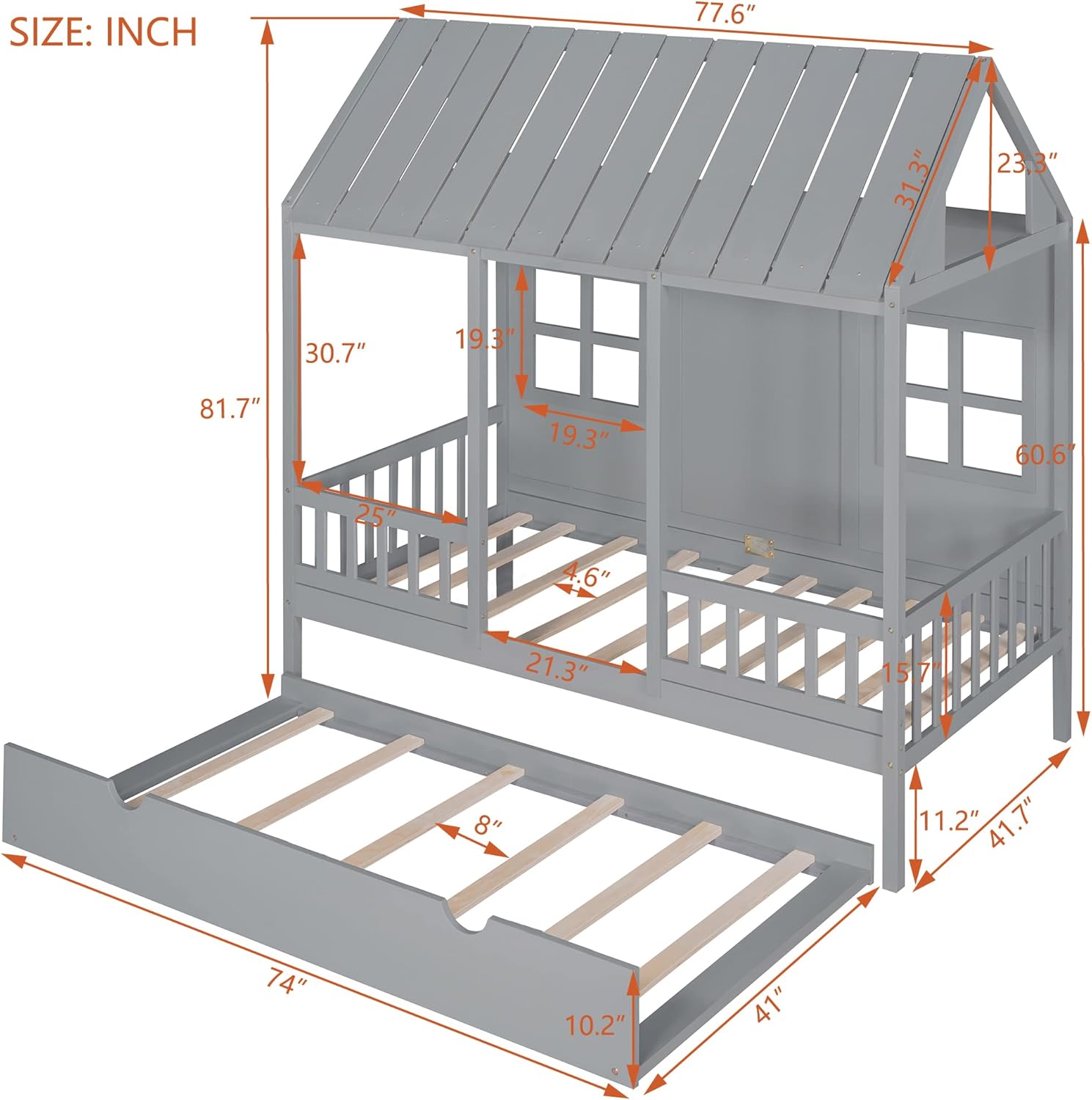 Twin Size House Bed with Trundle and Guardrails, Gray J325