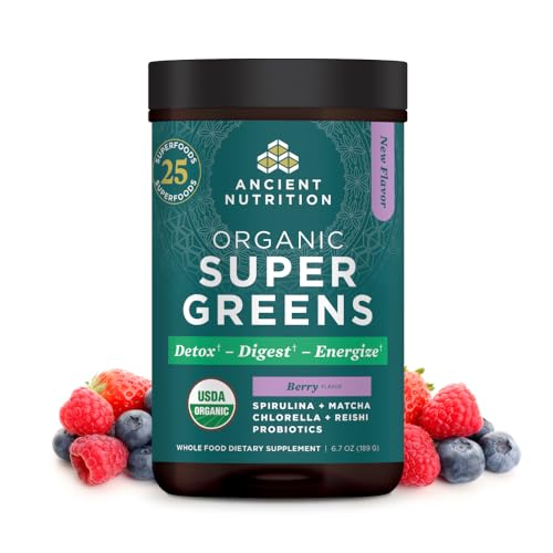 Ancient Nutrition SuperGreens Powder with Probiotics, Organic Mango Flavor Greens, Made from Real Fruits, Vegetables and Herbs, Digestive and Energy Support, 12 Servings, 3.3oz