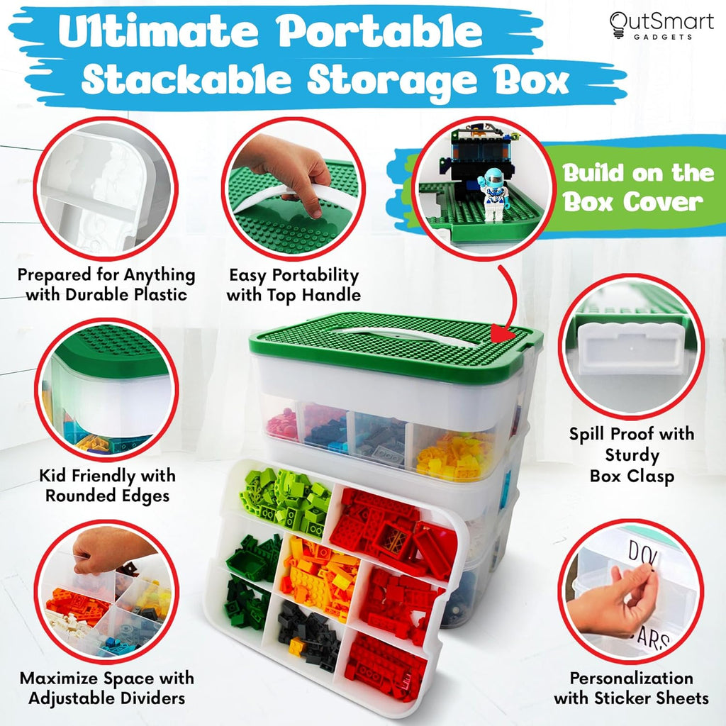 Plastic Stackable Toy Storage Organizer Bin with Adjustable Compartments, ABC Stickers and 2 Lids Included V1011