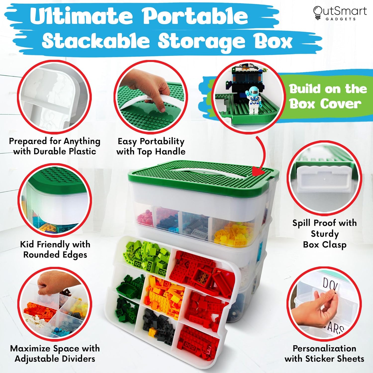 Plastic Stackable Toy Storage Organizer Bin with Adjustable Compartments, ABC Stickers and 2 Lids Included V1011