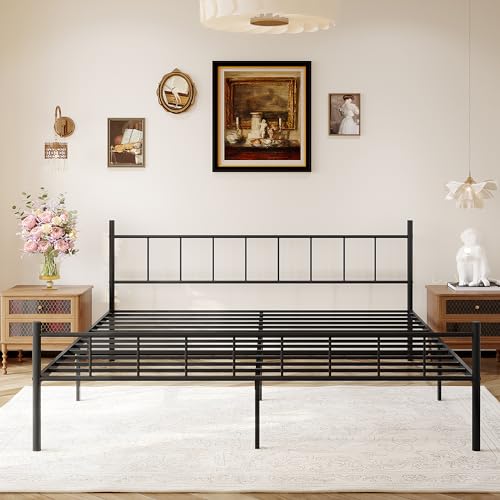 14 Inch California King Metal Platform Bed Frame with Headboard and Steel Slat Support N114
