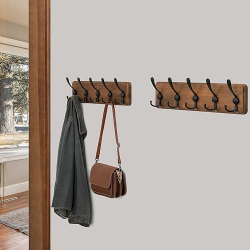 WEBI Coat Rack Wall Mounted, 16" Hole to Hole, 5 Triple Hooks, Black, 2 Packs V713322