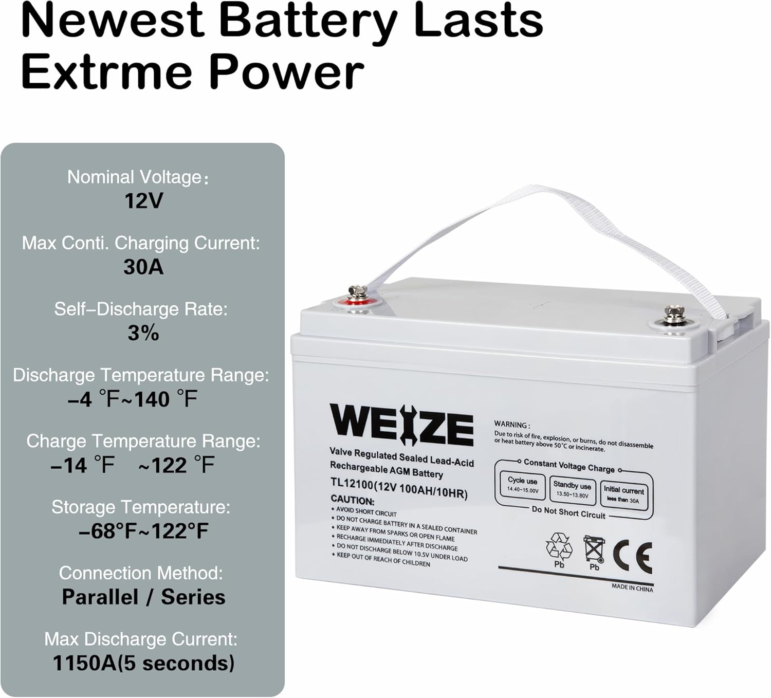 Weize 12 Volt 100Ah AGM Battery Deep Cycle Maintenance-Free for RV Solar Marine Z63482