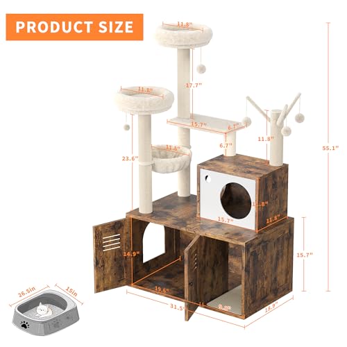 Cat Litter Box Enclosure with Cat Tree Tower, Sisal Scratching Post, Rustic Brown U730
