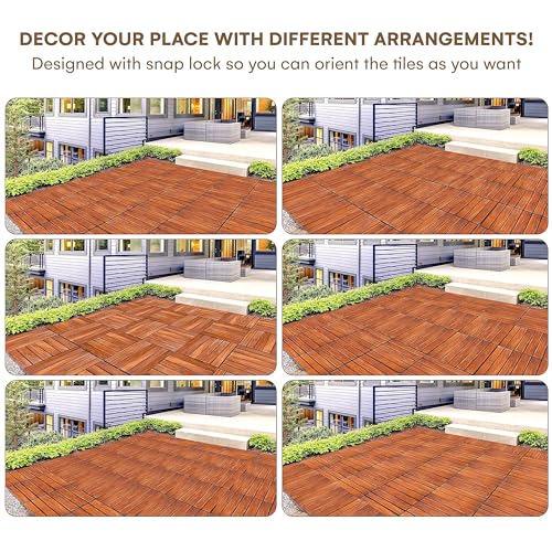 Flybold Interlocking Deck Tiles Teak Wood 12" x 12" Weather Resistant Anti-Slip Patio Pavers Pack of 10 M48059
