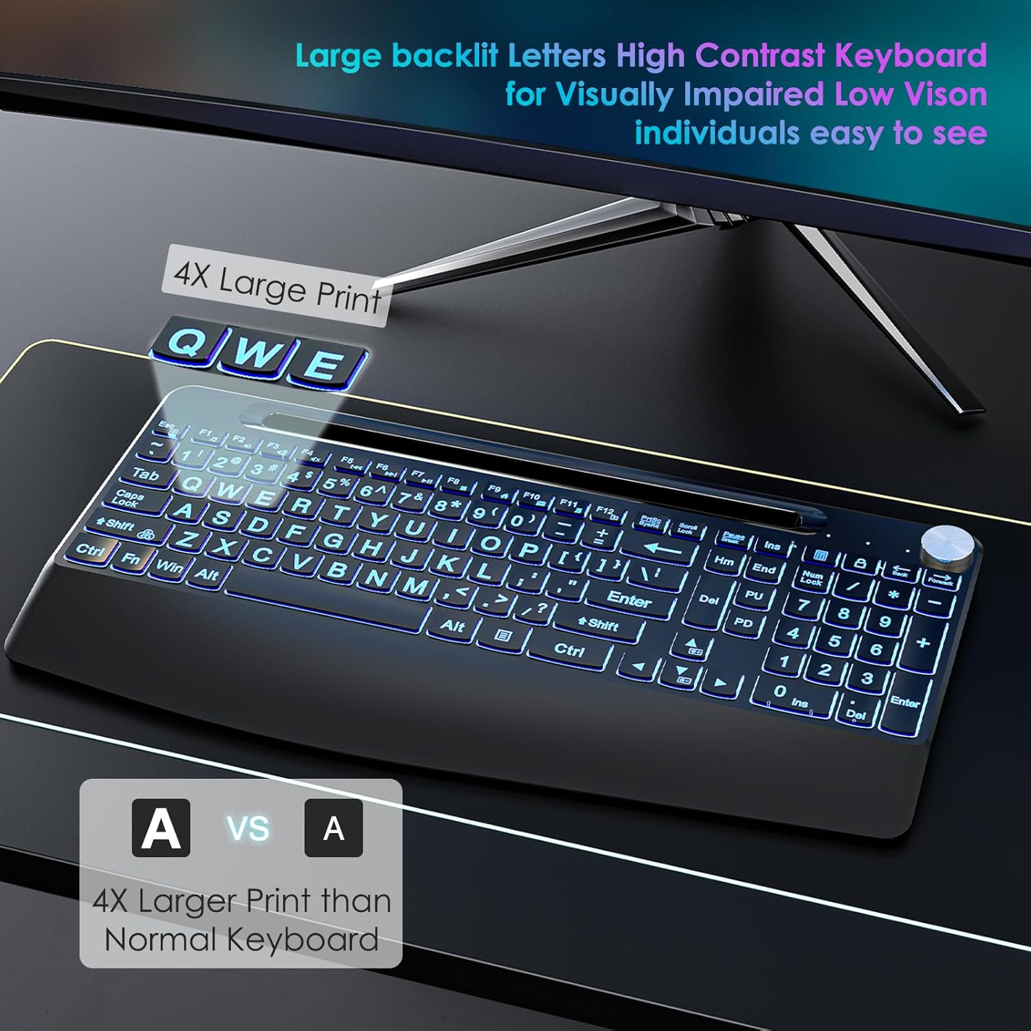 2.4G Wireless Large Print Keyboard with 7 Color Backlit, Rechargeable, Phone Holder & Wrist Rest K791