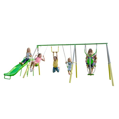 Sportspower Mountain View Metal Swing, Slide and Trampoline Set with Slide