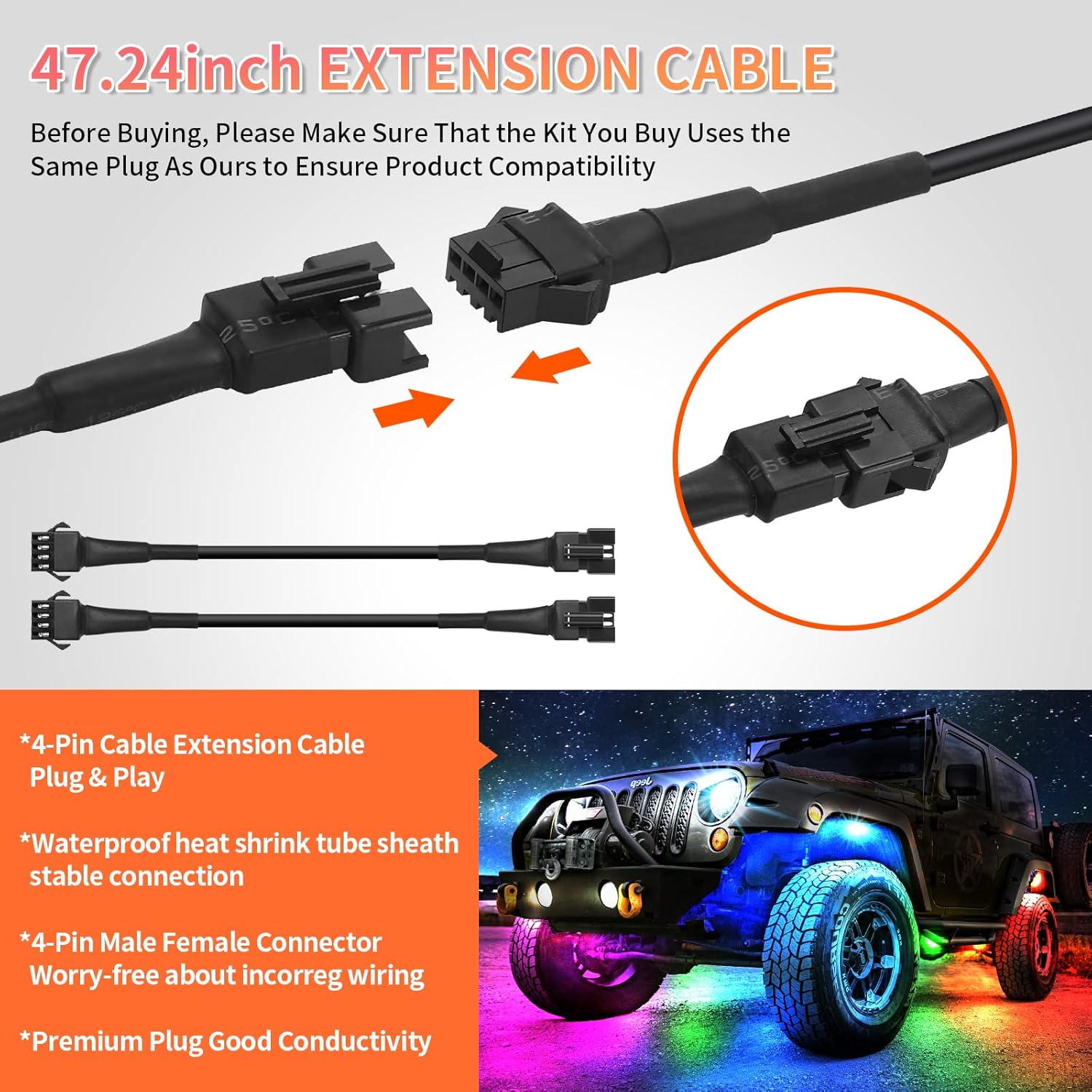 4-Pin Extension Cable Set for RGB LED Rock Lights - 47 inch, 4 Pack A9934