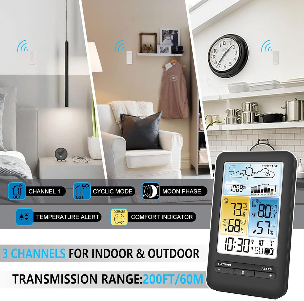 Wireless Indoor Outdoor Weather Station with Color Display, Thermometer, Humidity Monitor, Atomic Clock M97238