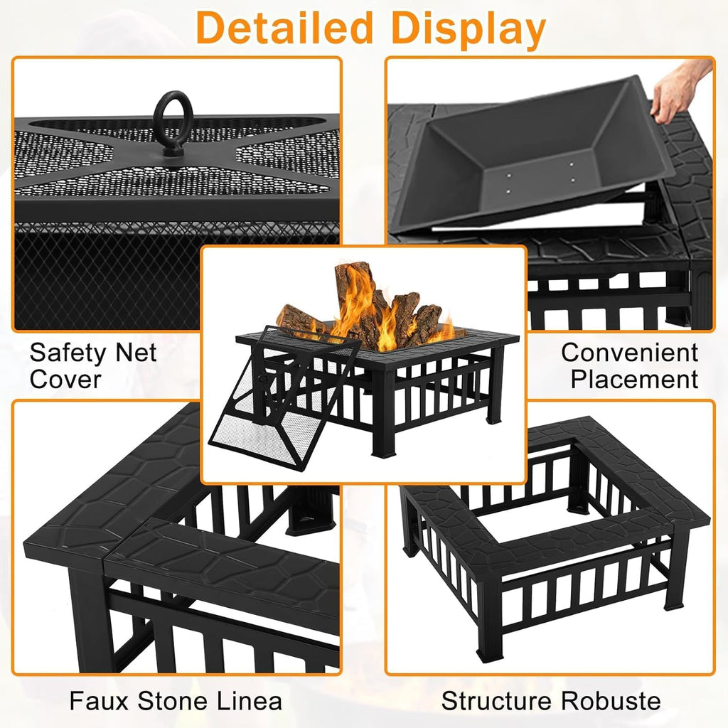 Bigacc Outdoor Fire Pit Wood 32in Square Metal BBQ Firepit Stove, Black P109