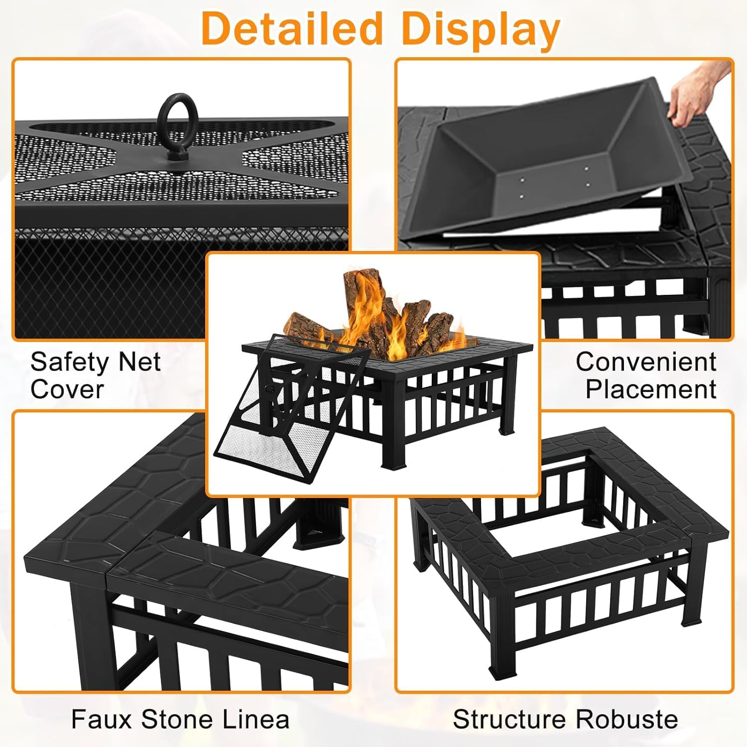 Bigacc Outdoor Fire Pit Wood 32in Square Metal BBQ Firepit Stove, Black P109