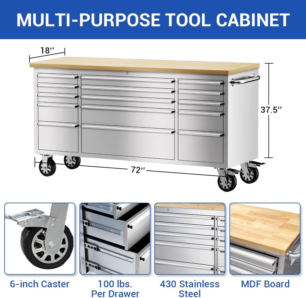 72-inch Stainless Steel Tool Chest with Wheels, 15 Drawers Rolling Cabinet Q185611