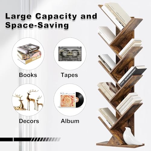 Function Home 9 Tier Tree Bookshelf, Modern Geometric Bookcase, Rustic Brown D254
