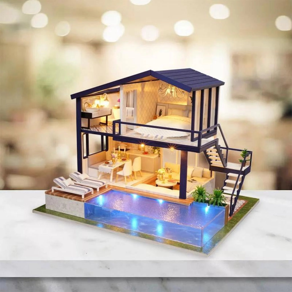 Miniature Dollhouse with Realistic Furniture and LED Light W1163