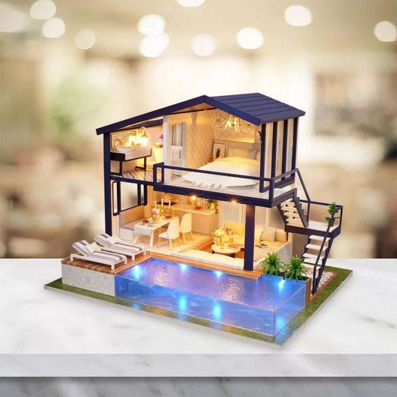 Miniature Dollhouse with Realistic Furniture and LED Light W1163