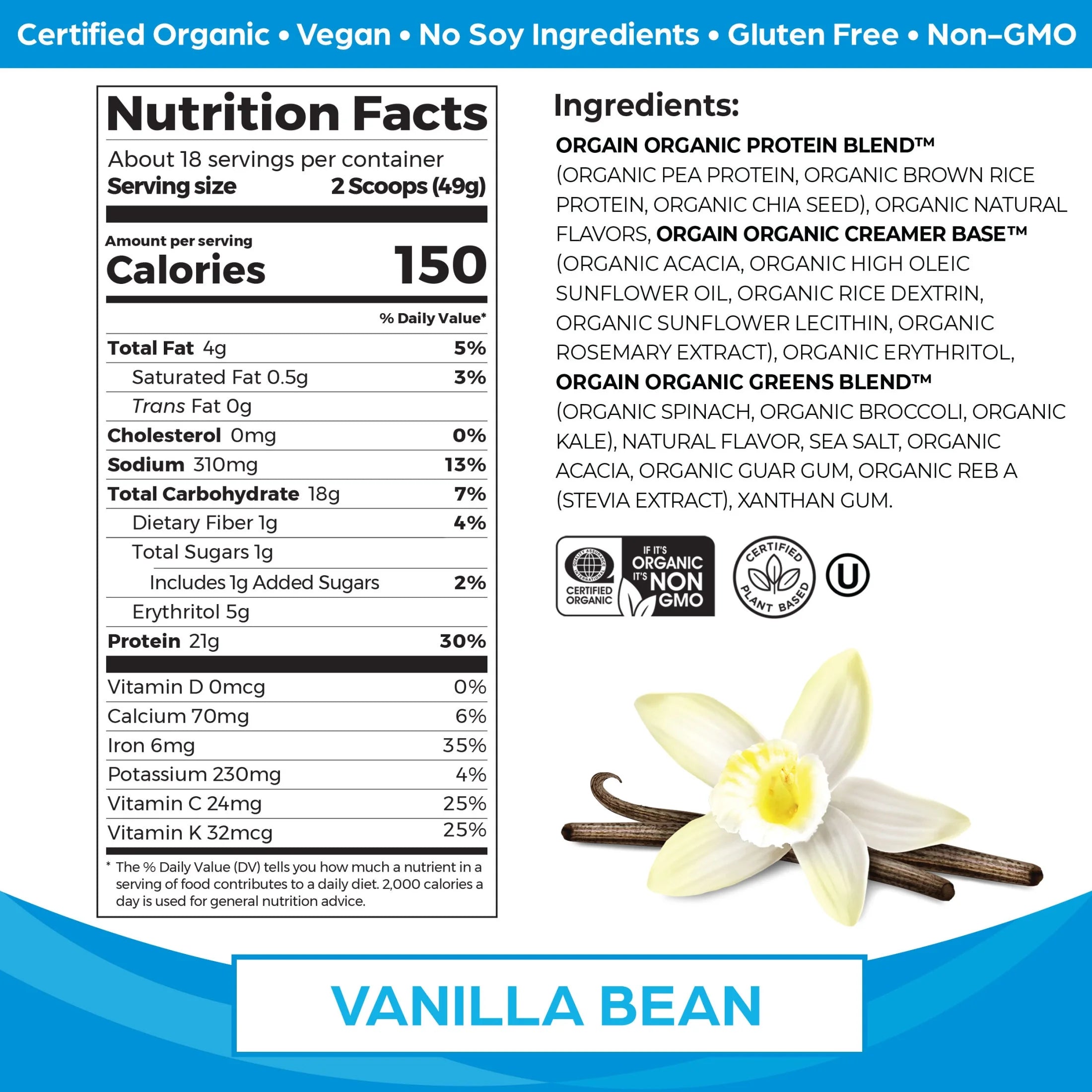 Orgain Organic Vegan Protein & Greens Powder, Vanilla, 1.94lb M81895