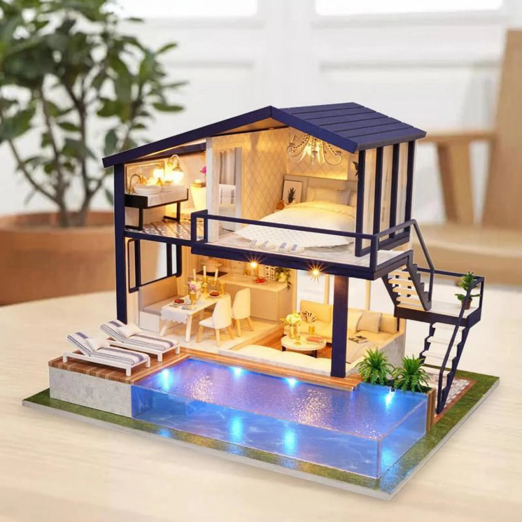 Miniature Dollhouse with Realistic Furniture and LED Light W1163