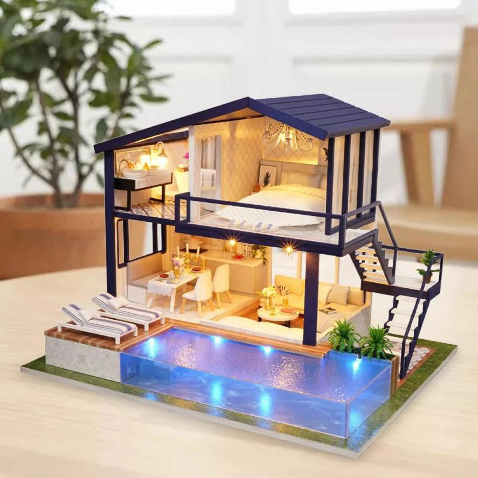 Miniature Dollhouse with Realistic Furniture and LED Light W1163