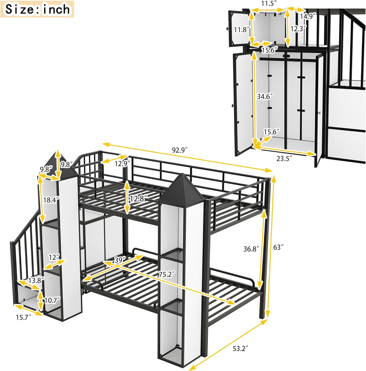Twin Over Twin Castle Bunk Bed with Stairs and Storage, Black+White F337