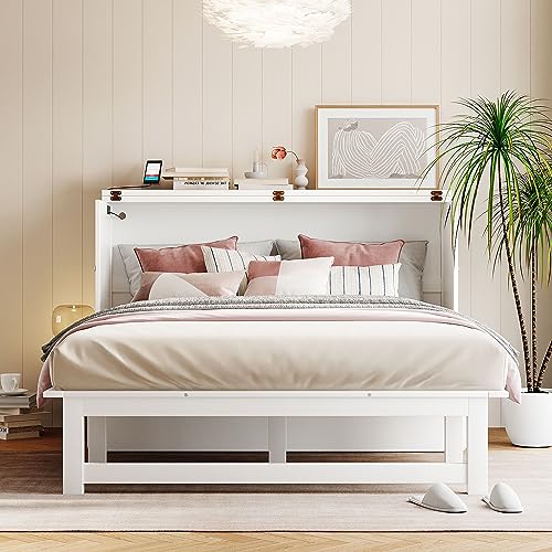 Queen Size Murphy Bed with Bookcase, Foldable Wood Frame with Storage Drawer, White D94283