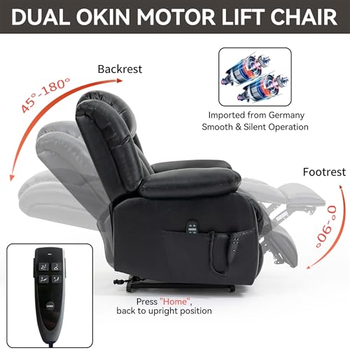 Dual Motor Electric Power Lift Recliner Chair with Vibration Massage, Genuine Leather, Black A6501