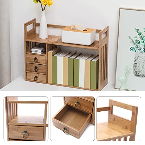 Bamboo Desktop Bookshelf with 3 Drawers, Nut-Brown B80264