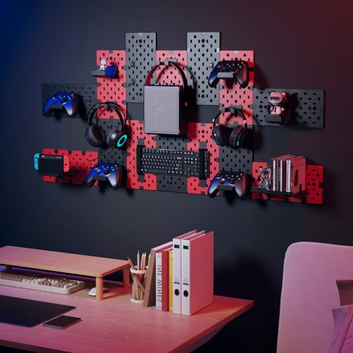 PEGZONE Controller and Headphone Holder Wall Mount, Modular Gaming Pegboard with Accessories, Black & Red R81990