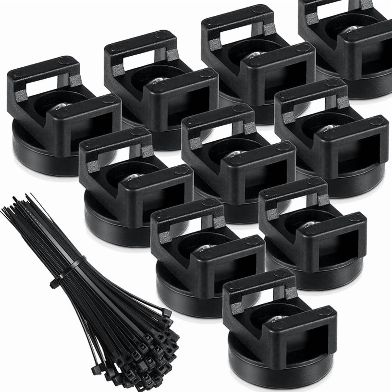 Magnetic Zip Tie Mount Multipurpose Cable Holder Magnets Magnetic Wire Management Bases with Heavy Duty Zip,10 * magnetic 50 * nylon cable zip ties,Black