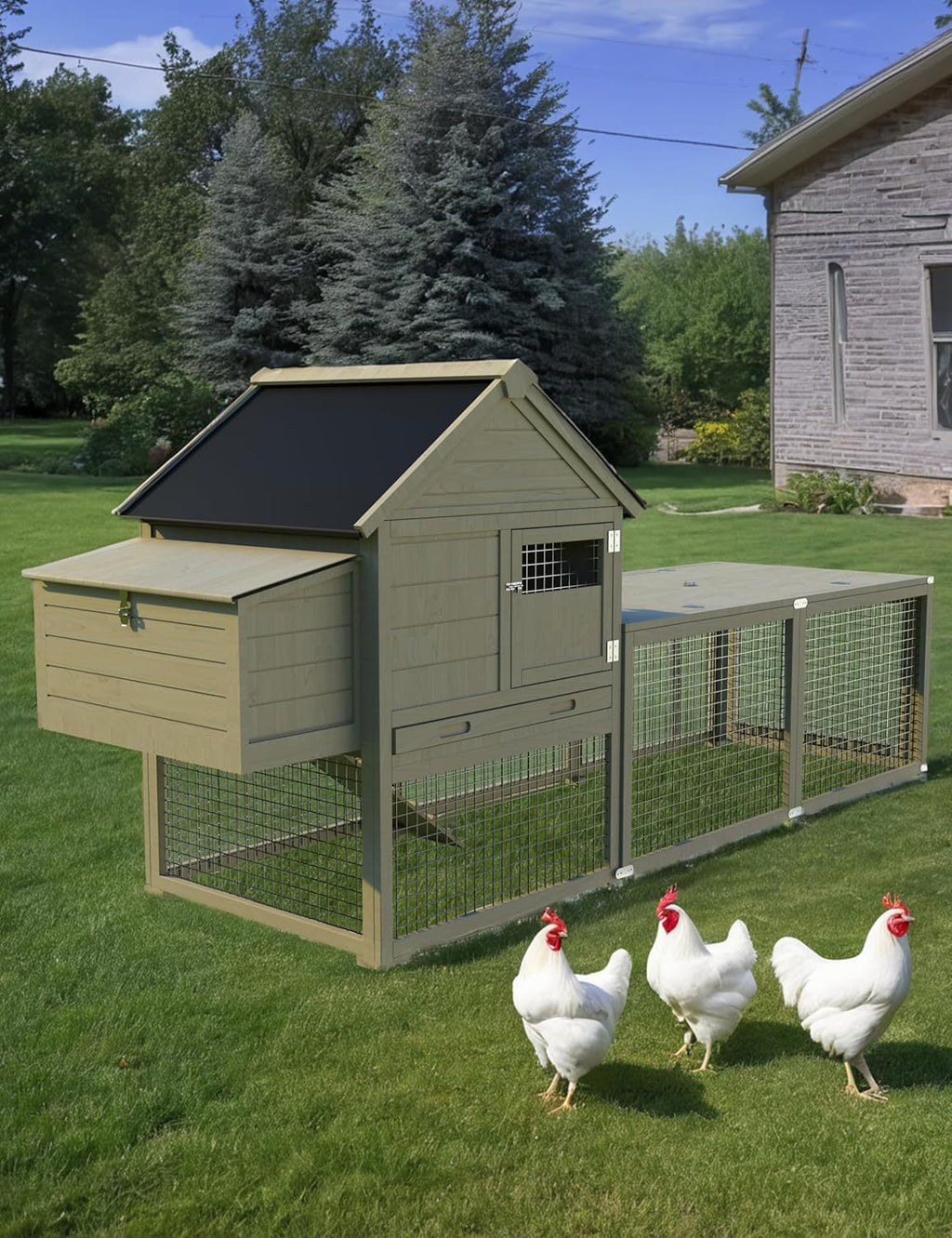 Chicken Coop, Outdoor Chicken Coop for 3-5 Chickens, 109in Chicken Coop with Run, Wooden Chicken Coop with Waterproof Roof, Nesting Box, Pull Out Trays and Ramp, Wood Color