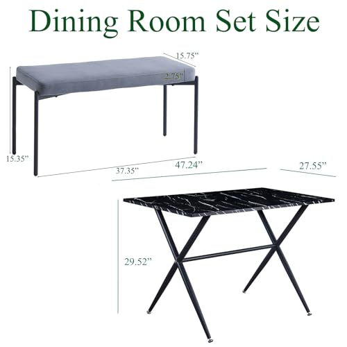 Marbled Dining Table Set for 4 with 2 Benches, 3 Piece White Kitchen Set B228
