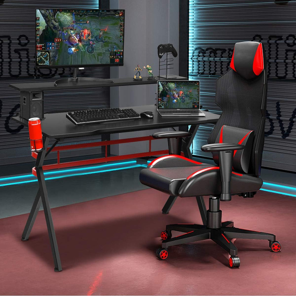 POWERSTONE Gaming Desk 47.5" with Monitor Shelf, Cup & Headphone Holders V324250