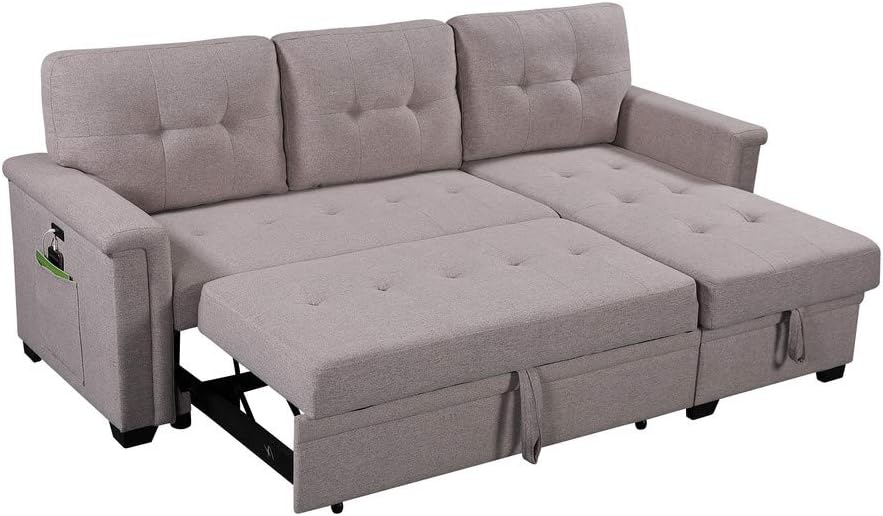 Linen Tufted Sectional Sleeper Sofa with Storage Chaise and Pull Out Bed, Light Gray M466231
