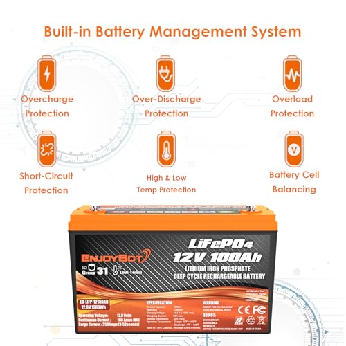 Enjoybot 12V 100Ah LiFePO4 Battery with 100A BMS, Group 31, Low Temp Cut Off A722