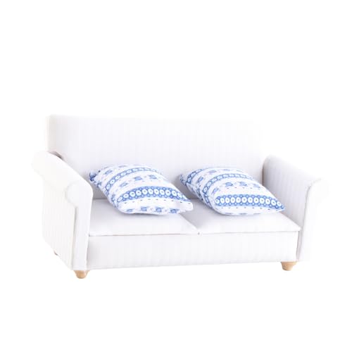 Miniature Sofa Set for 1/12 Dollhouse Living Room, Wooden 2-Seat with Blue Flower Cushion A4869
