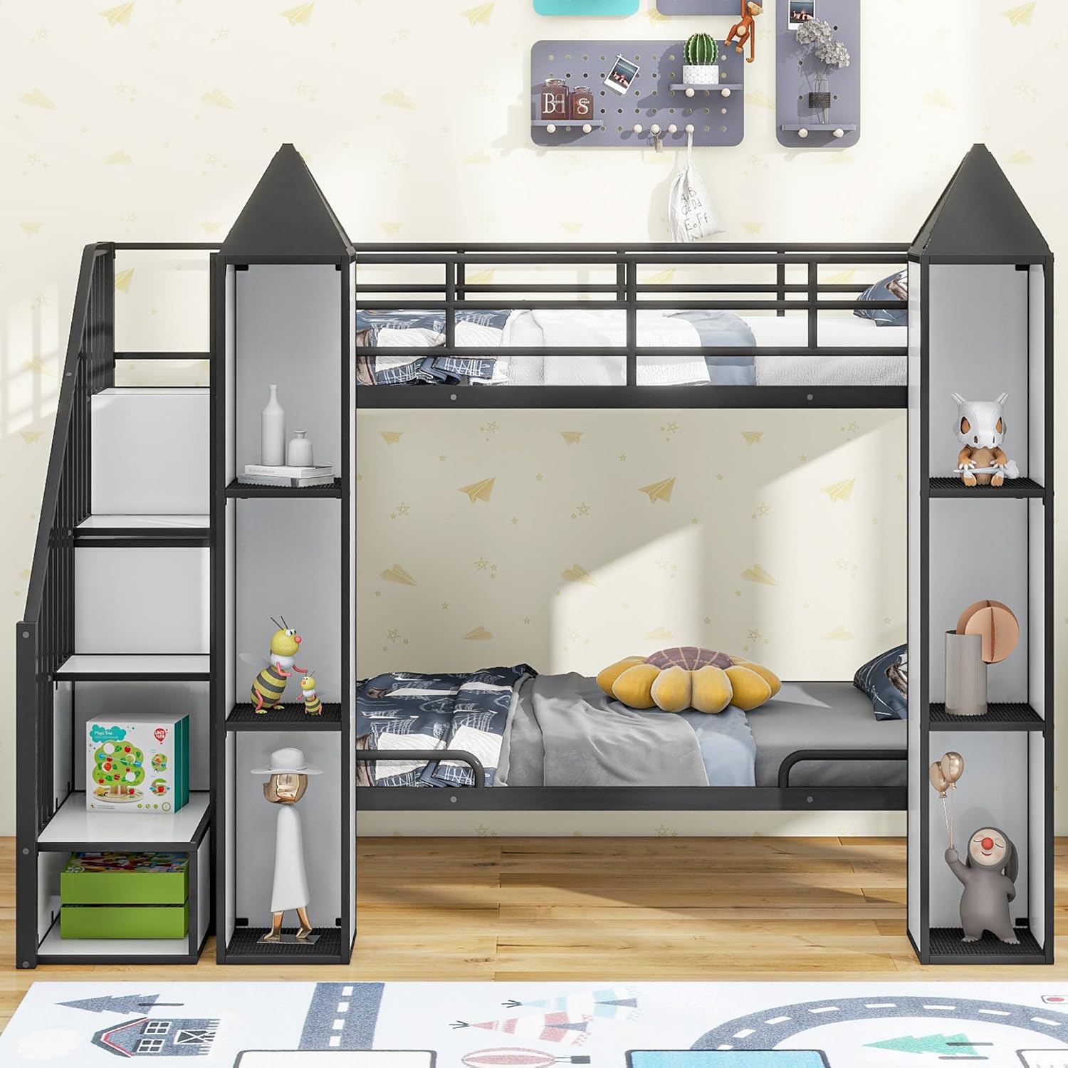 Twin Over Twin Castle Bunk Bed with Stairs and Storage, Black+White F337