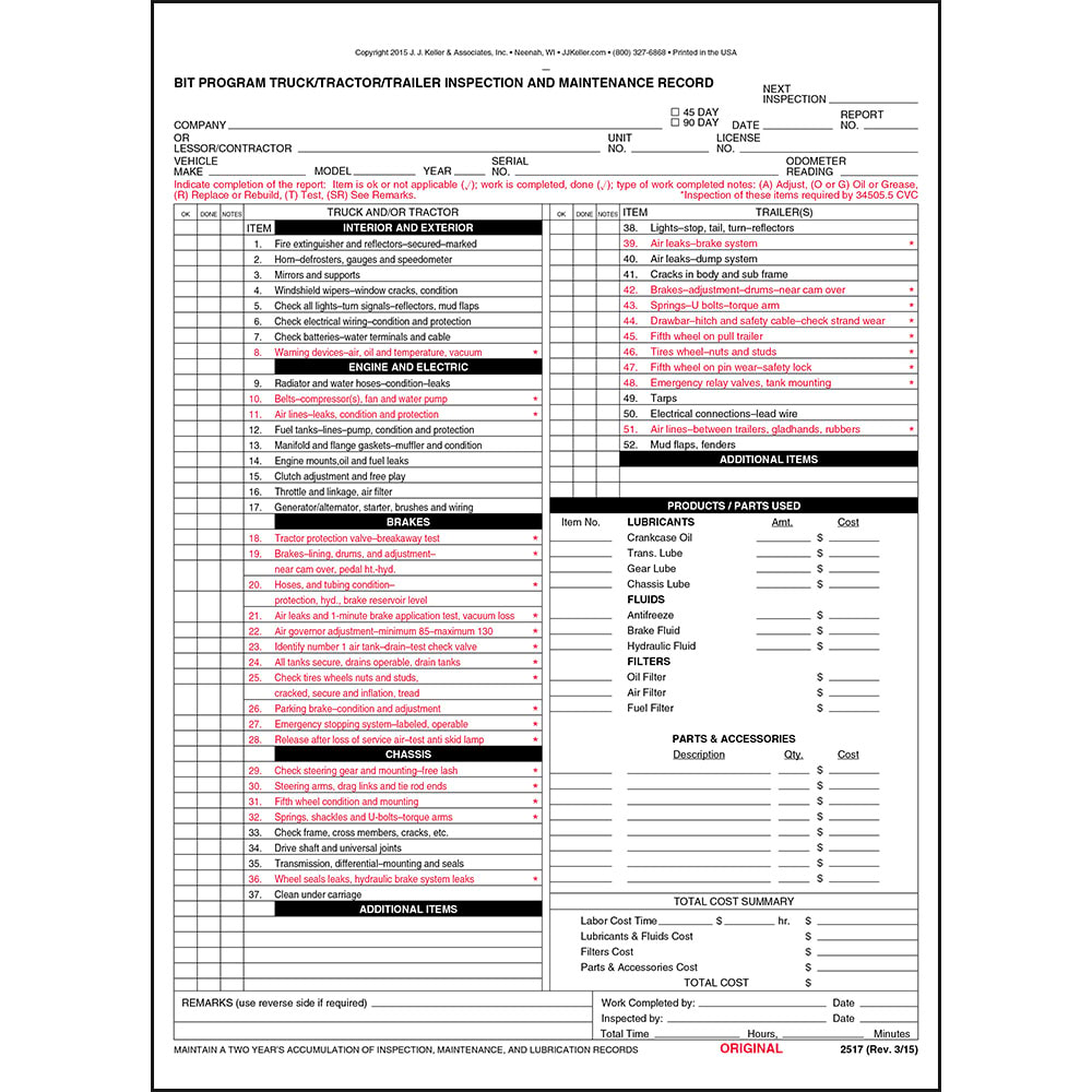 BIT Program Tractor/Trailer/Truck Inspection & Maintenance Record Form 25-pk. - Snap-Out, 3-Ply, Carbon, 8.5" x 11.75" - Comply with California Biennial Inspection of Terminals Program - J. J. Keller