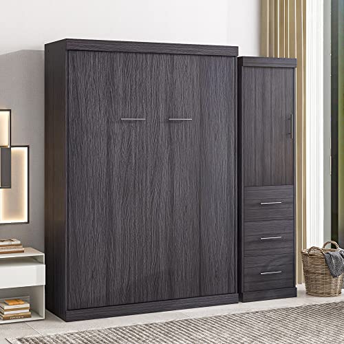 Queen Size Murphy Bed with Shelf, Wooden Wall Bed with Desk, White X891087