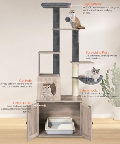 HOOBRO Cat Tree with Litter Box Enclosure, Wooden, 67.7" H I160