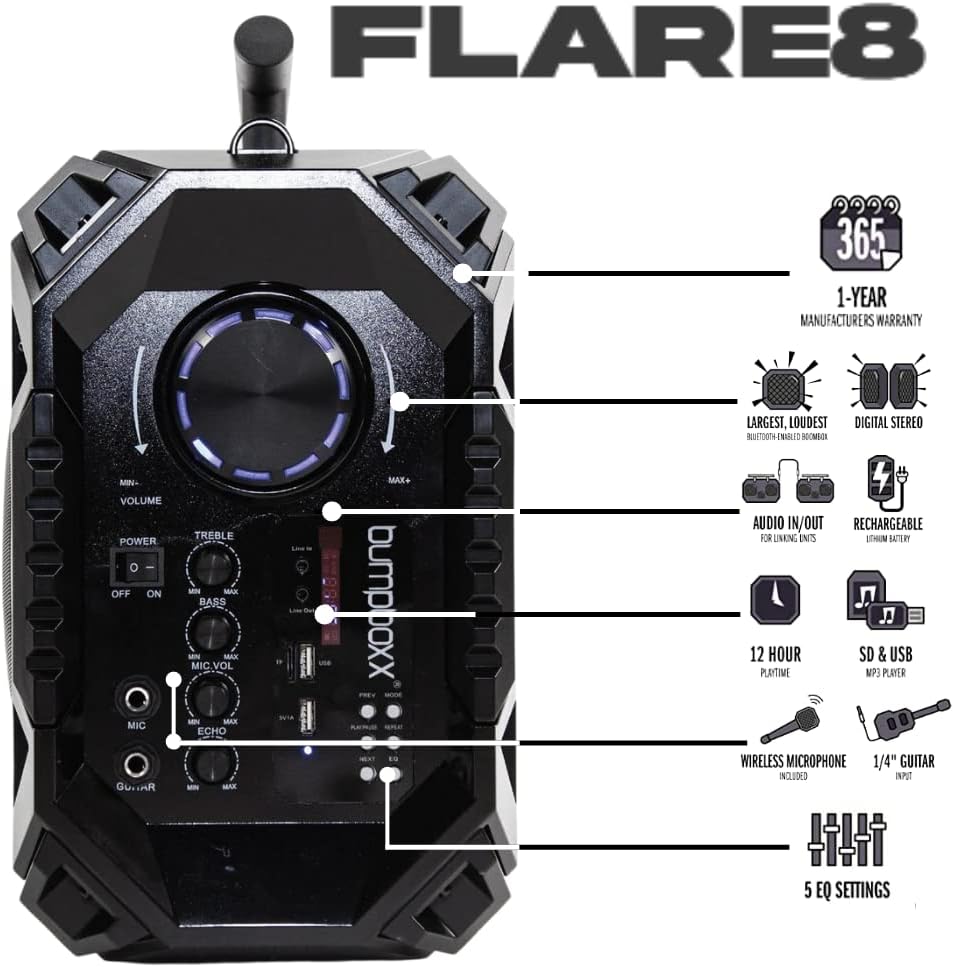 Bumpboxx Flare8 Bluetooth Portable Boombox Speaker with Wireless Microphone A91435