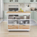 Rolling Kitchen Island with Storage, Two-Sided Kitchen Island Cart on Wheels with RubberWood Top,Wine and Spice Rack, Large Kitchen Cart with 2 Drawers, 3 Open Compartments, White